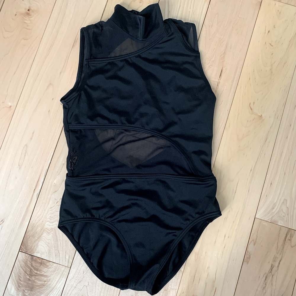 Black mesh turtleneck ballet class leotard